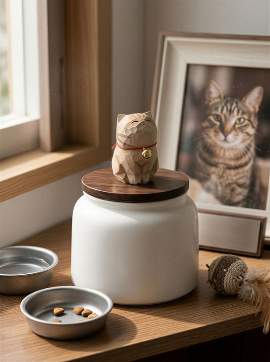 Cat Memorial Bell Ceramic Pet Urn with Figurine - 570ml - Golden British Shorthair - pet ashes memorial urn