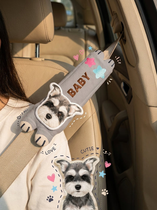 Personalized pet car seat belt cover with a dog photo and name
