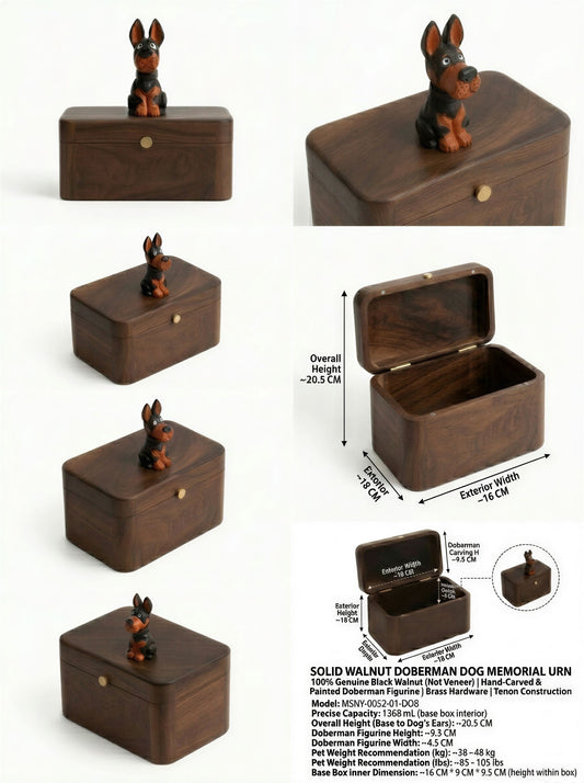 Doberman Wooden Pet Urn with Memorial Figurine - pet ashes memorial urn