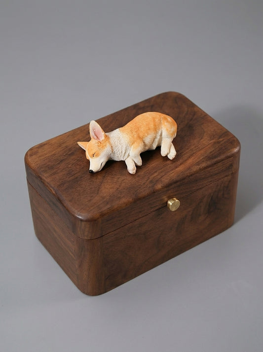 Shiba Inu Side-Lying Wooden Pet Urn with Memorial Figurine - Light - pet ashes memorial urn
