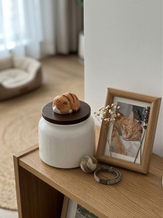 Sleeping Orange Cat Ceramic Pet Urn with Memorial Figurine - 570ml - pet ashes memorial urn