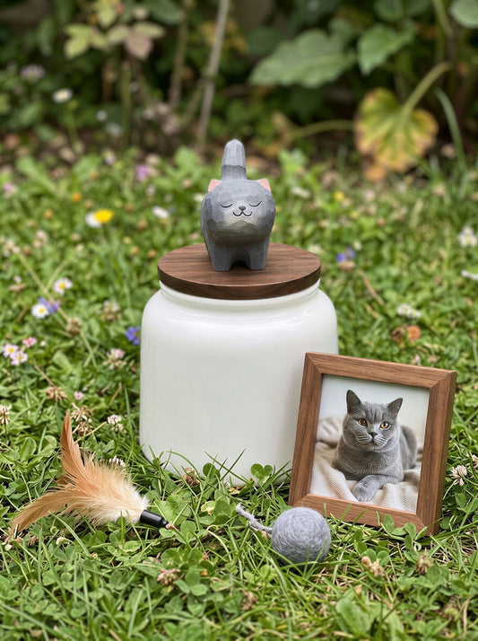 Standing Cat Ceramic Pet Urn with Memorial Figurine - 570ml - Blue British Shorthair - pet ashes memorial urn