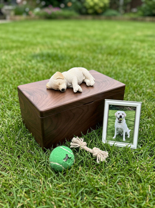 White Labrador Wooden Pet Urn with Memorial Figurine - Side-Lying - pet ashes memorial urn