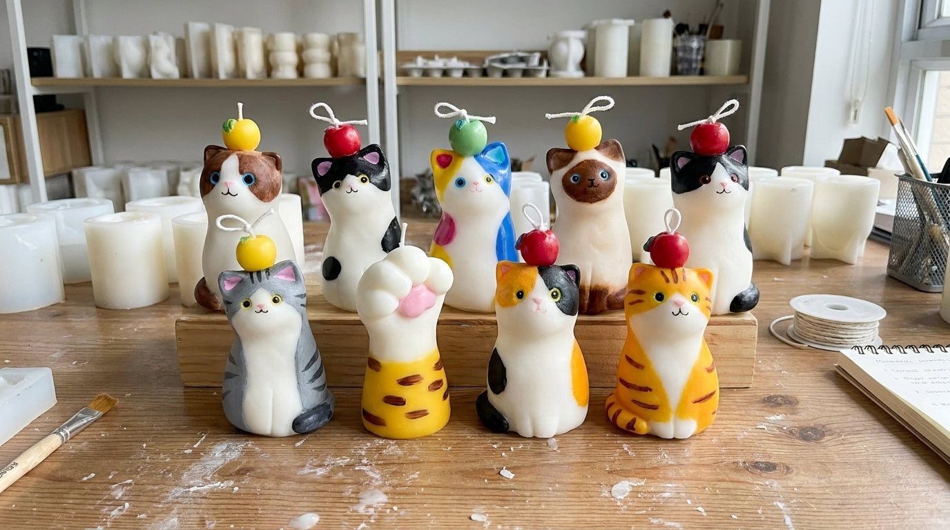 Handmade cat candles in the Pawtato Studio workspace