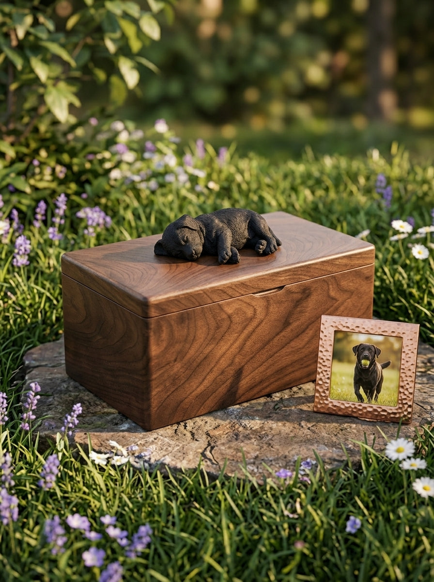 Black Labrador Wooden Pet Urn with Memorial Figurine - Side-Lying - pet ashes memorial urn
