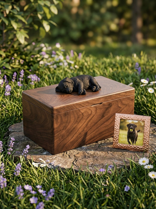 Black Labrador Wooden Pet Urn with Memorial Figurine - Side-Lying - pet ashes memorial urn