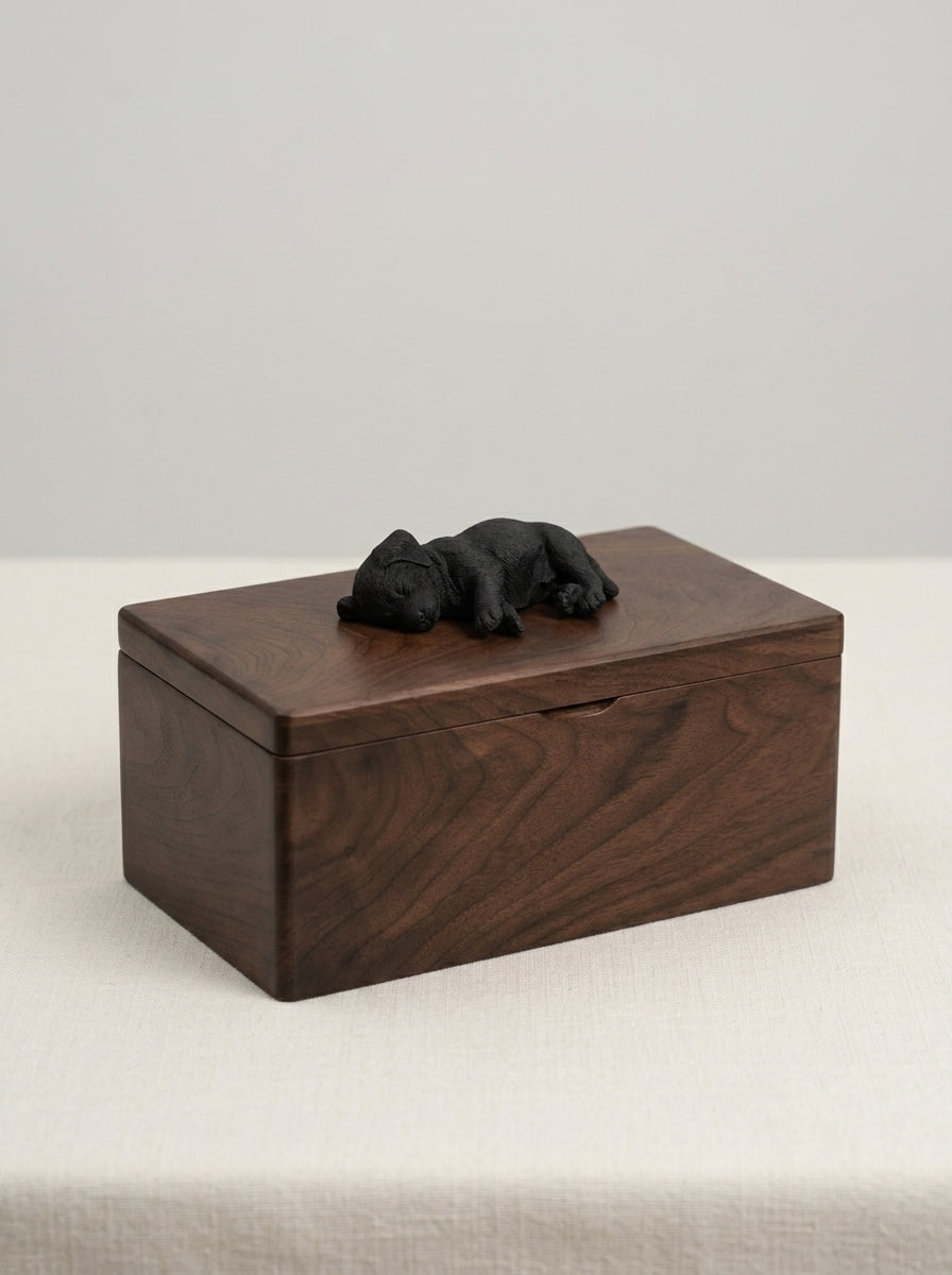 Black Labrador Wooden Pet Urn with Memorial Figurine - Side-Lying - pet ashes memorial urn