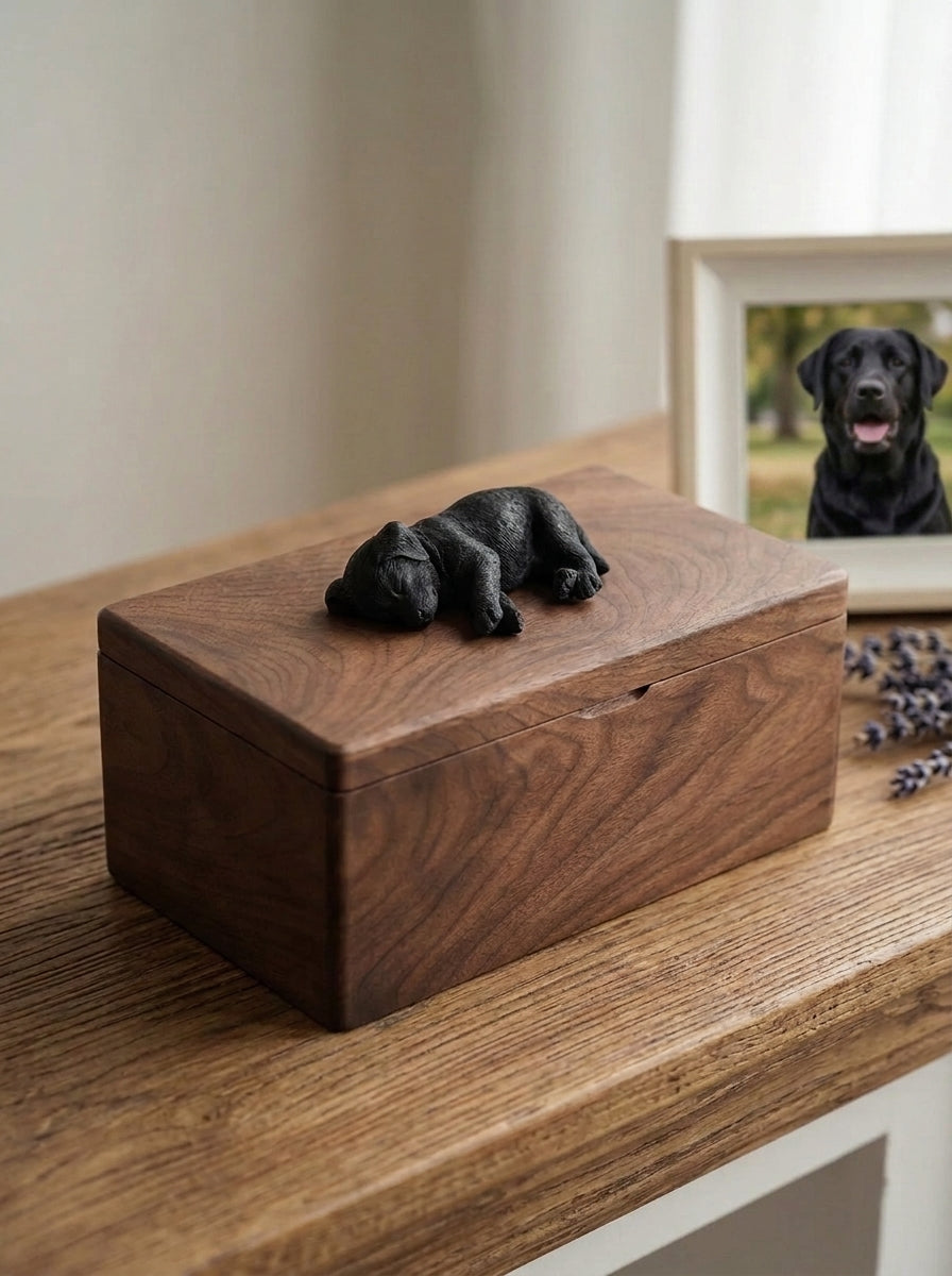 Black Labrador Wooden Pet Urn with Memorial Figurine - Side-Lying - pet ashes memorial urn