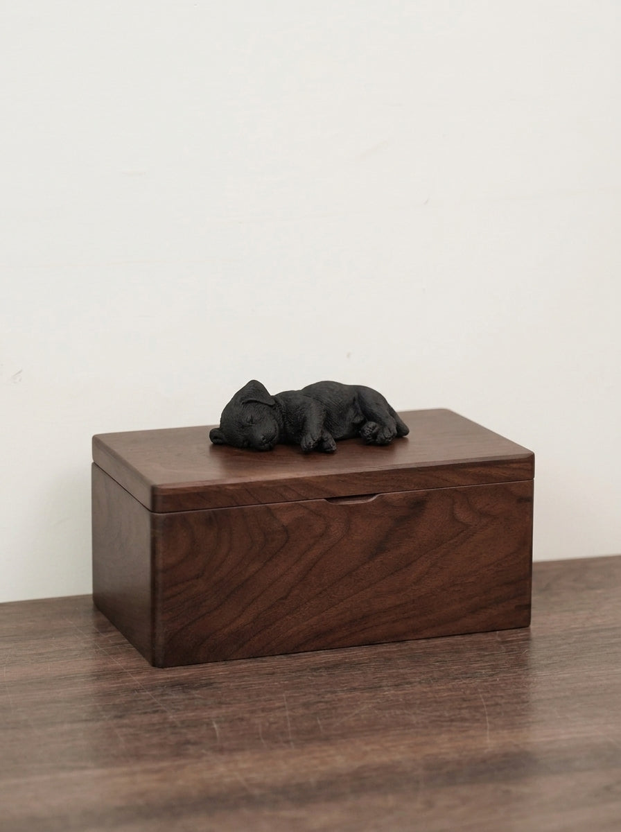Black Labrador Wooden Pet Urn with Memorial Figurine - Side-Lying - pet ashes memorial urn