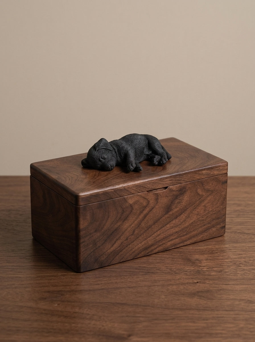 Black Labrador Wooden Pet Urn with Memorial Figurine - Side-Lying - pet ashes memorial urn