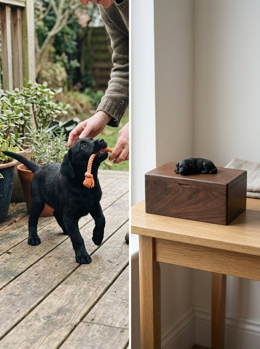 Black Labrador Wooden Pet Urn with Memorial Figurine - Resting - pet ashes memorial urn