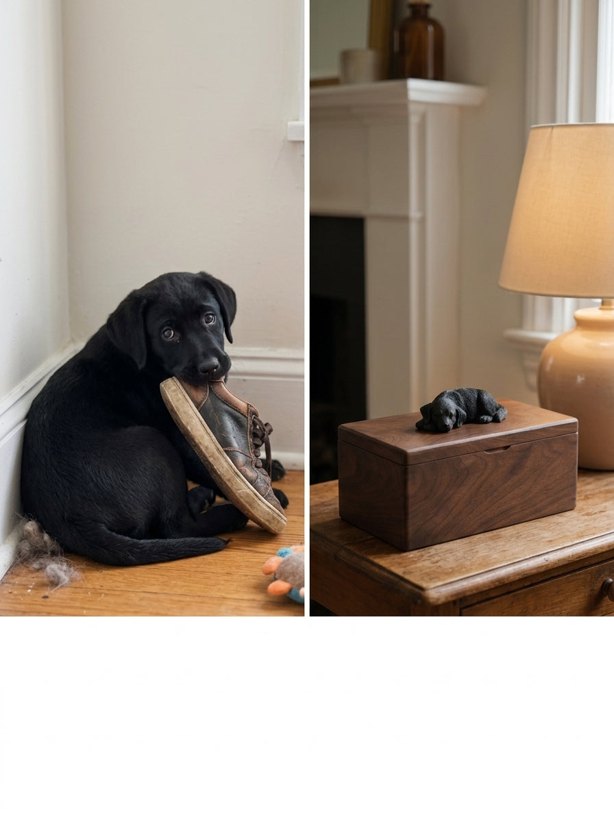 Black Labrador Wooden Pet Urn with Memorial Figurine - Resting - pet ashes memorial urn