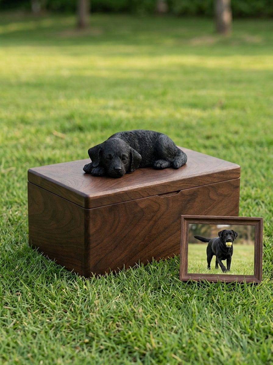 Black Labrador Wooden Pet Urn with Memorial Figurine - Resting - pet ashes memorial urn