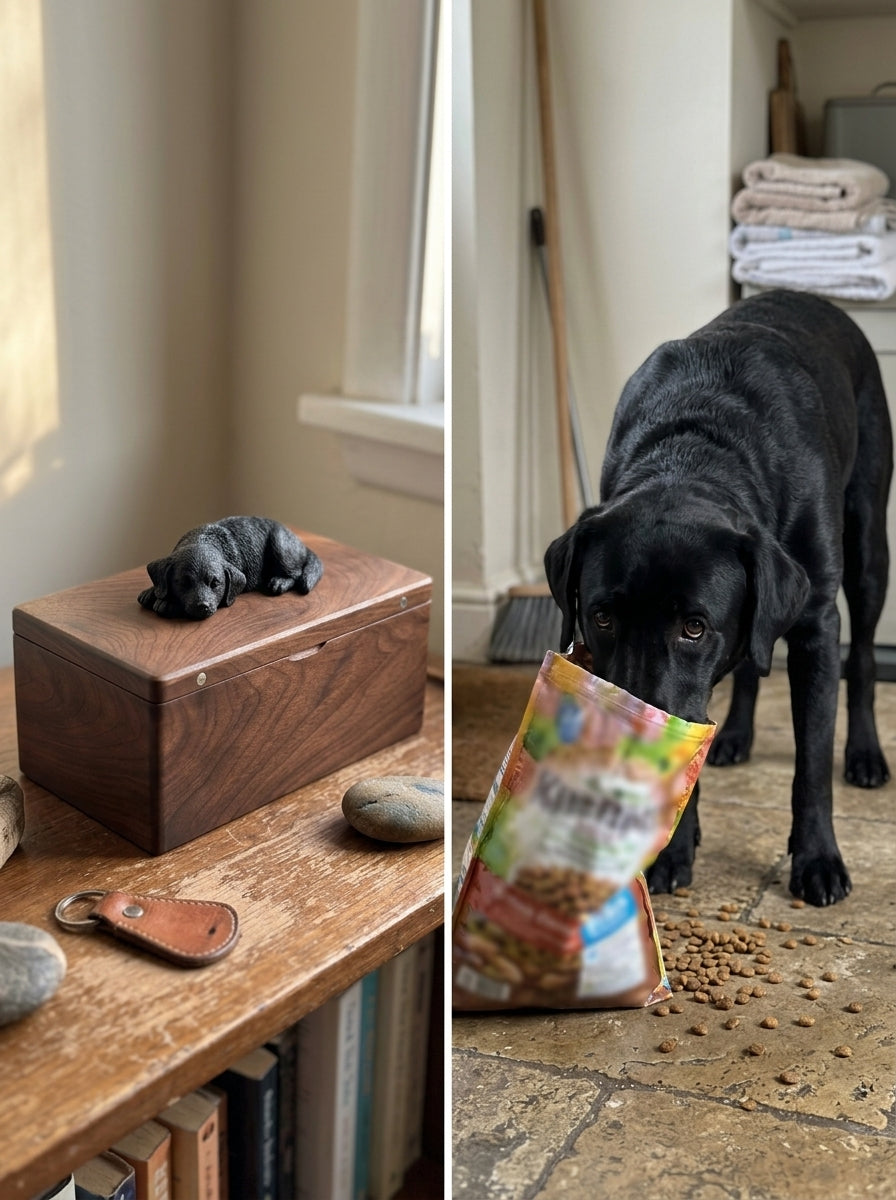 Black Labrador Wooden Pet Urn with Memorial Figurine - Resting - pet ashes memorial urn