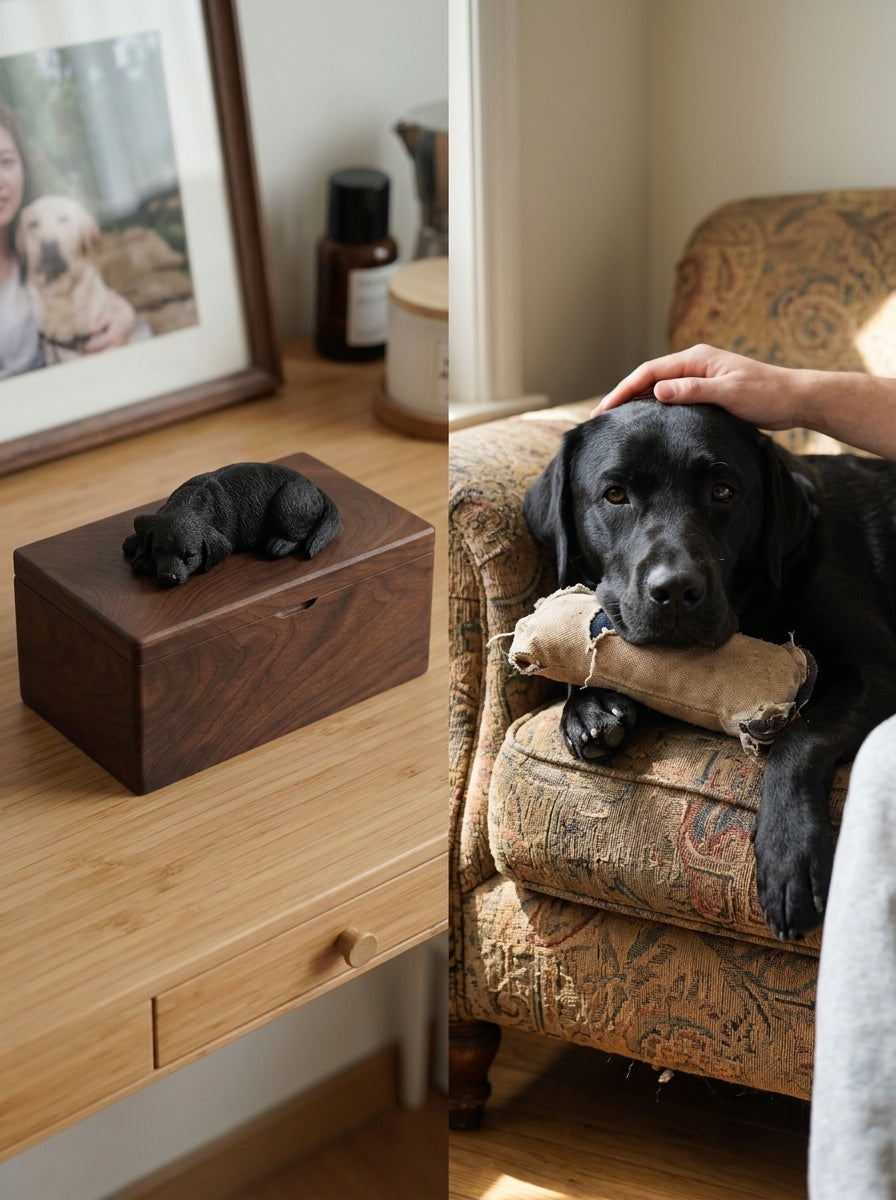 Black Labrador Wooden Pet Urn with Memorial Figurine - Resting - pet ashes memorial urn