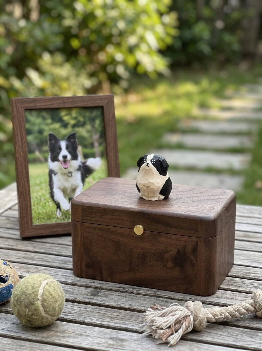 Border Collie Wooden Pet Urn with Memorial Figurine - 1368ml - pet ashes memorial urn