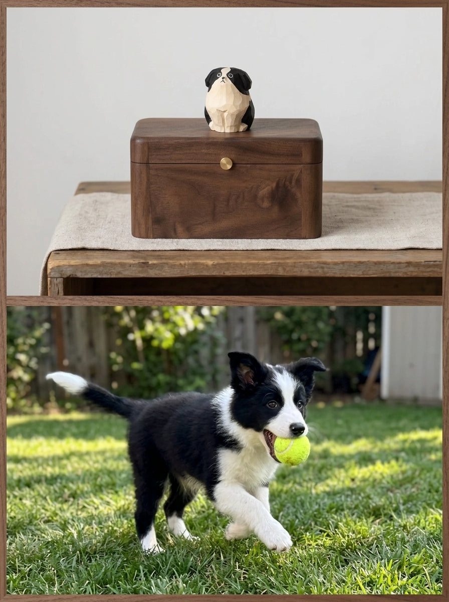 Border Collie Wooden Pet Urn with Memorial Figurine - 1368ml - pet ashes memorial urn