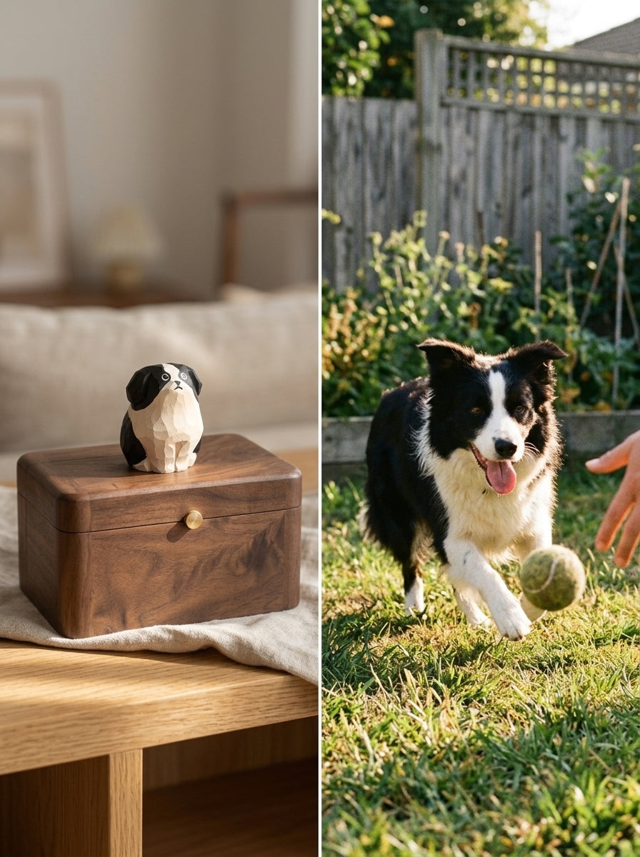 Border Collie Wooden Pet Urn with Memorial Figurine - 1368ml - pet ashes memorial urn