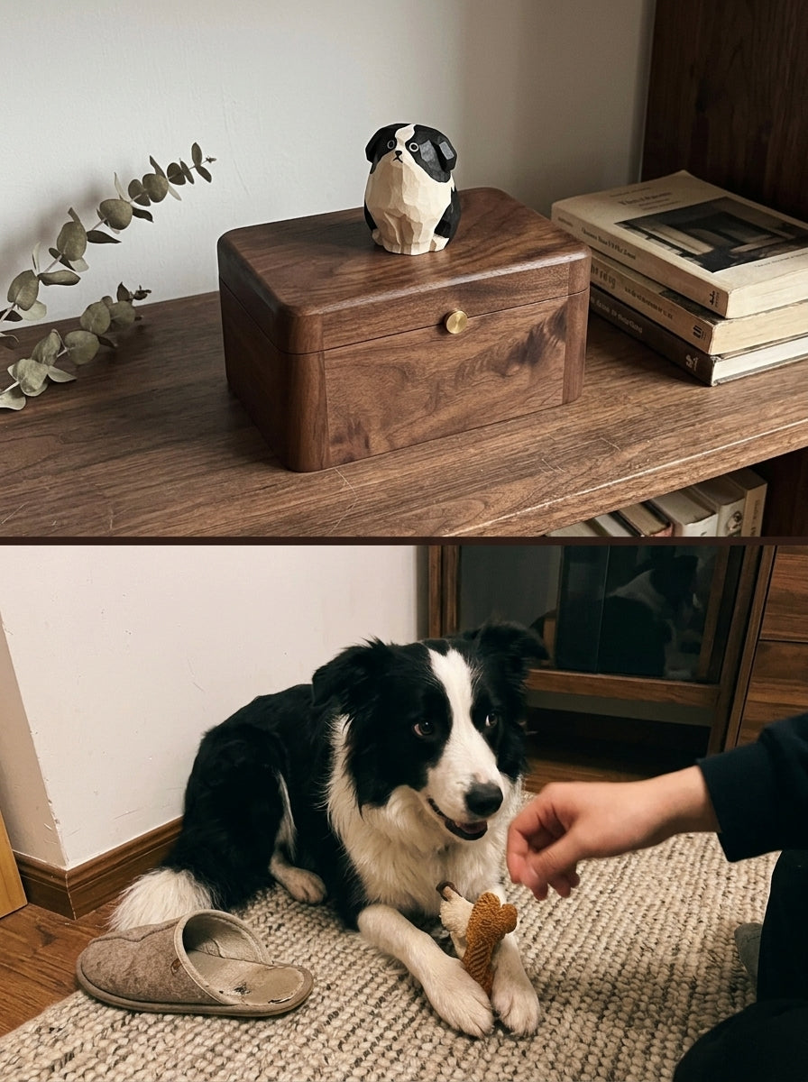 Border Collie Wooden Pet Urn with Memorial Figurine - 1368ml - pet ashes memorial urn