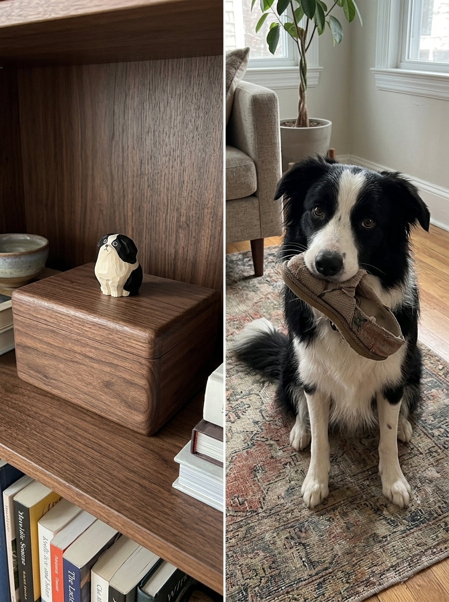 Border Collie Wooden Pet Urn with Memorial Figurine - 1368ml - pet ashes memorial urn