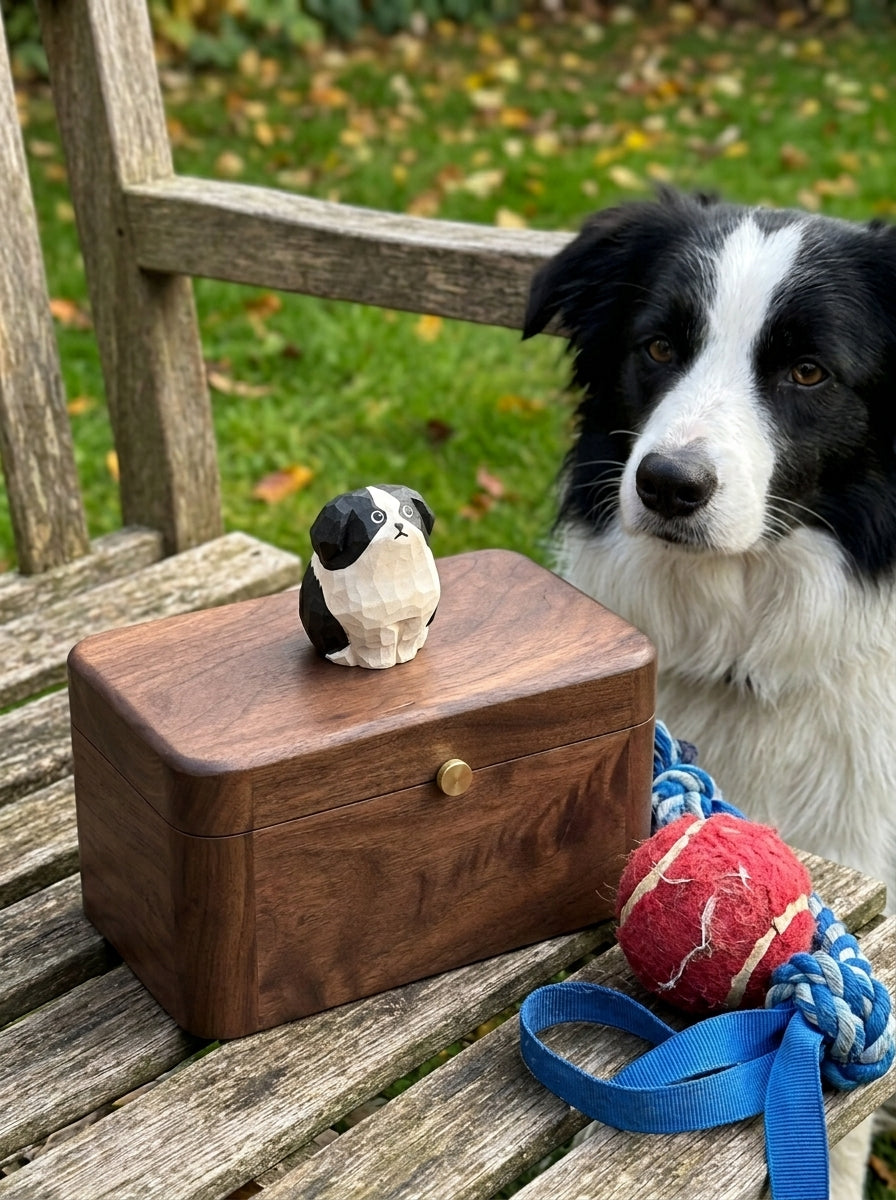 Border Collie Wooden Pet Urn with Memorial Figurine - 1368ml - pet ashes memorial urn