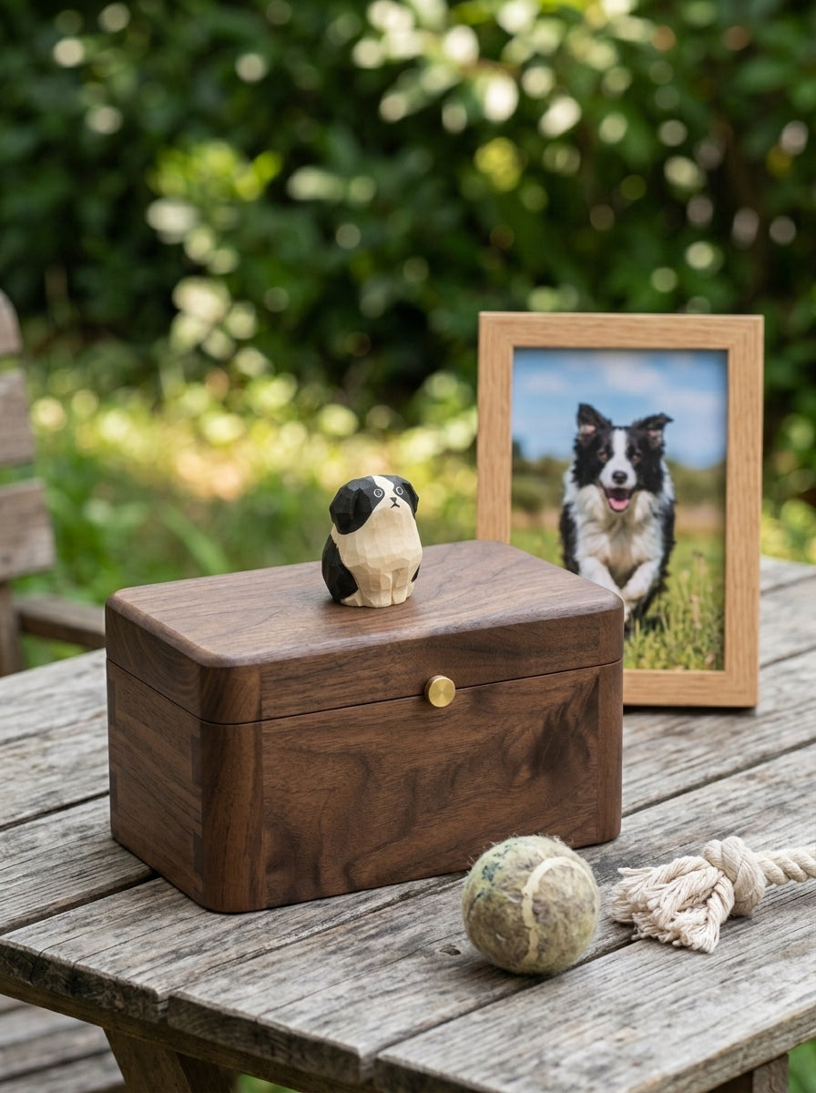 Border Collie Wooden Pet Urn with Memorial Figurine - 1368ml - pet ashes memorial urn