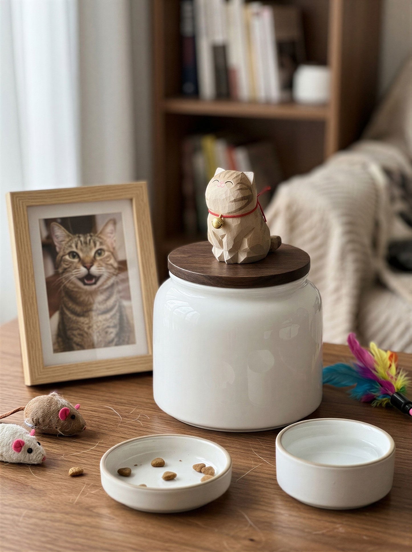 Cat Memorial Bell Ceramic Pet Urn with Figurine - 570ml - Golden British Shorthair - pet ashes memorial urn