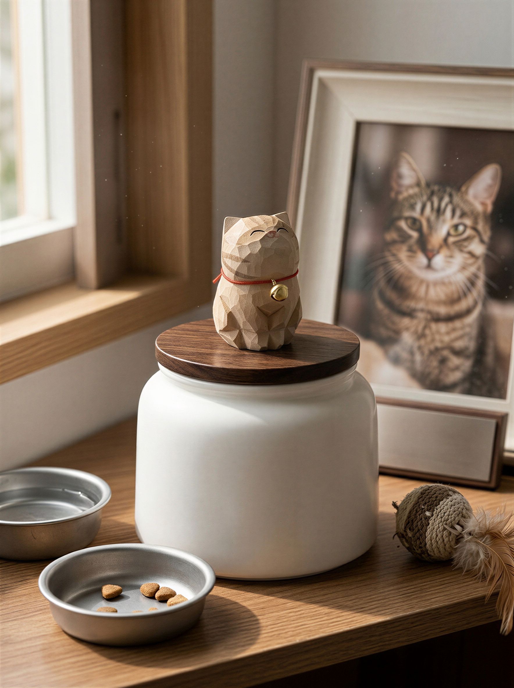 Cat Memorial Bell Ceramic Pet Urn with Figurine - 570ml - Golden British Shorthair - pet ashes memorial urn