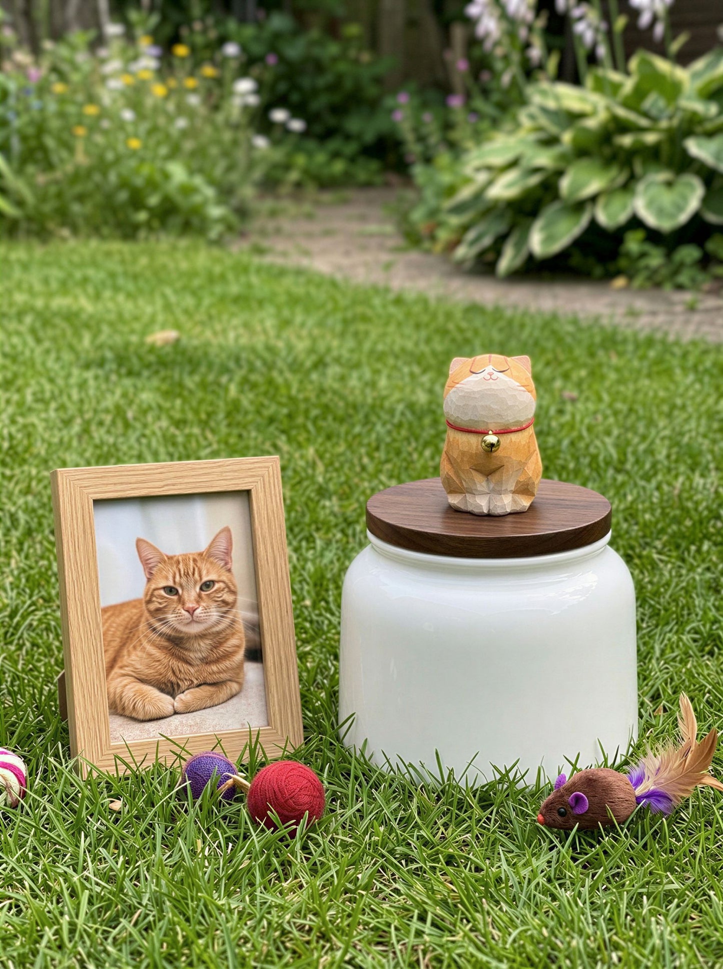 Cat Memorial Bell Ceramic Pet Urn with Figurine - 570ml - Orange Tabby - pet ashes memorial urn