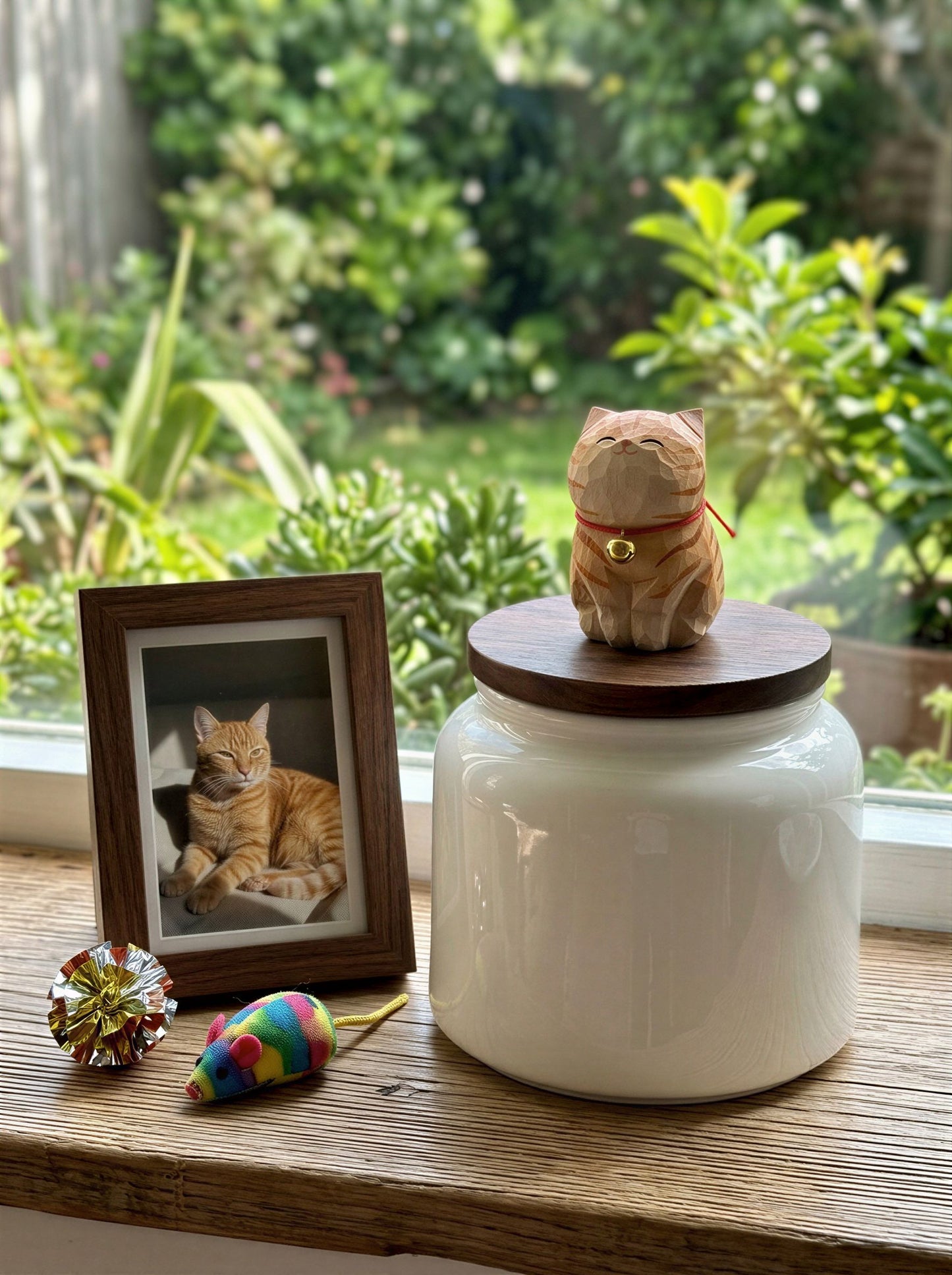 Cat Memorial Bell Ceramic Pet Urn with Figurine - 570ml - Orange Tabby - pet ashes memorial urn