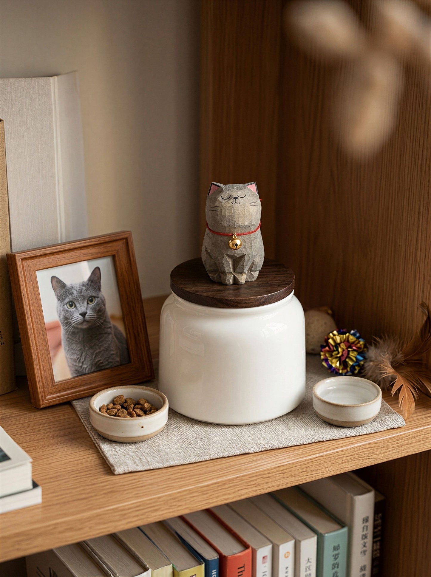 Cat Memorial Bell Ceramic Pet Urn with Figurine - 570ml - Blue British Shorthair - pet ashes memorial urn