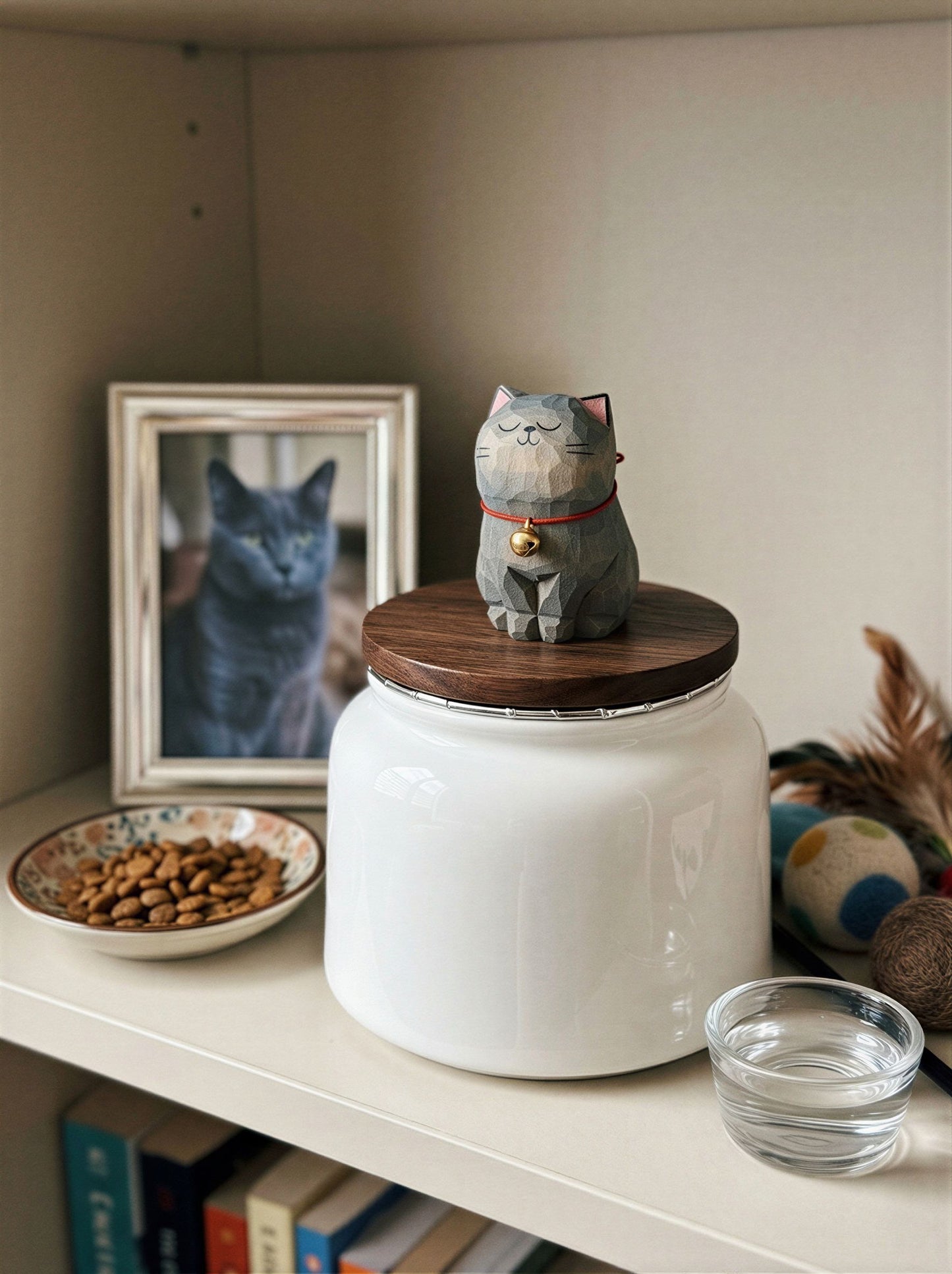 Cat Memorial Bell Ceramic Pet Urn with Figurine - 570ml - Blue British Shorthair - pet ashes memorial urn