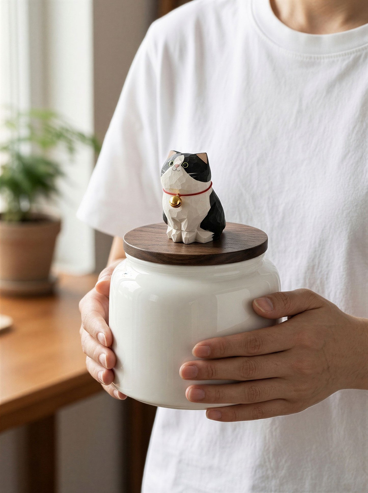 Cat Memorial Bell Ceramic Pet Urn with Figurine - 570ml - Tuxedo - pet ashes memorial urn
