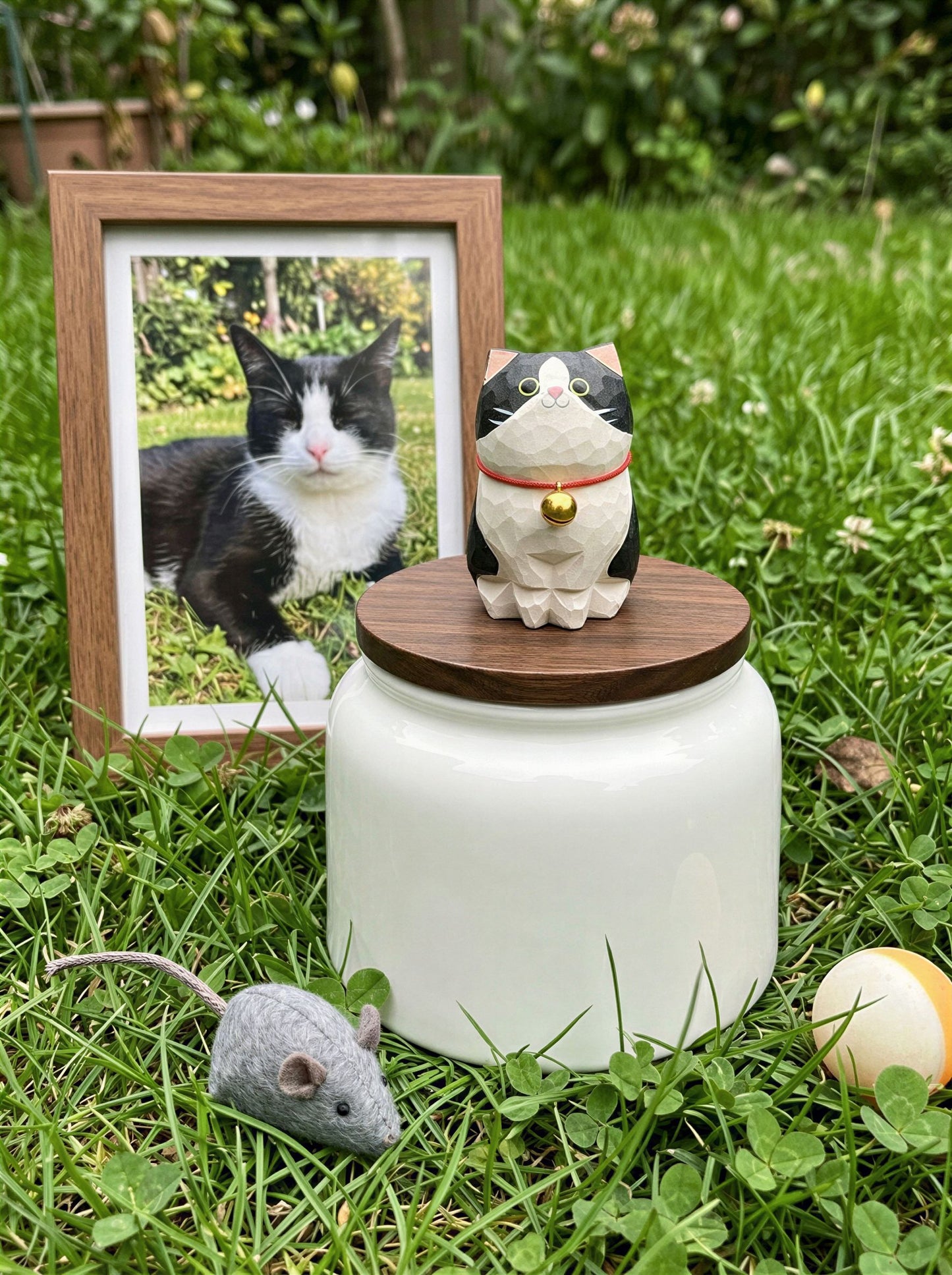Cat Memorial Bell Ceramic Pet Urn with Figurine - 570ml - Tuxedo - pet ashes memorial urn
