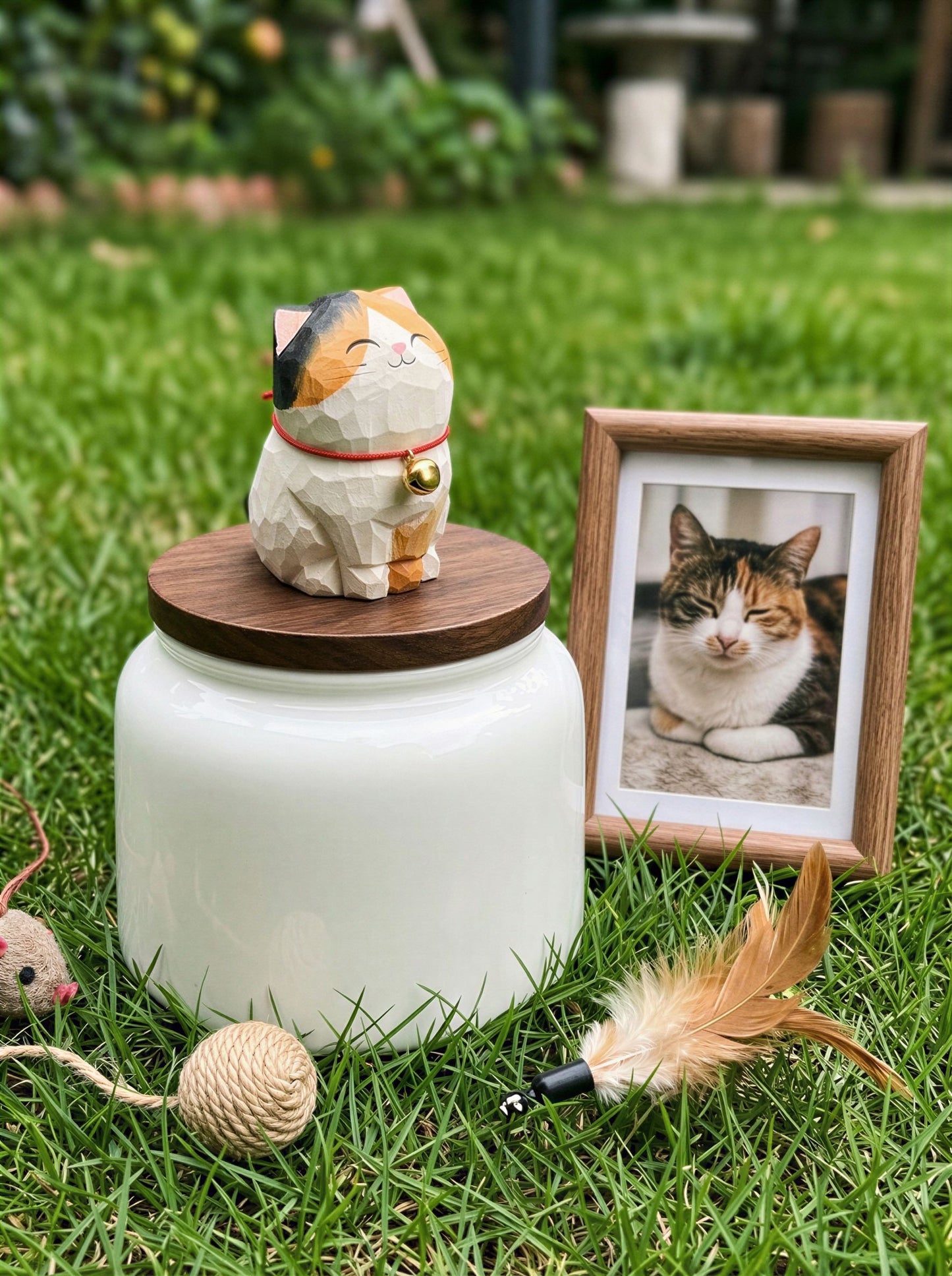 Cat Memorial Bell Ceramic Pet Urn with Figurine - 570ml - Calico - pet ashes memorial urn