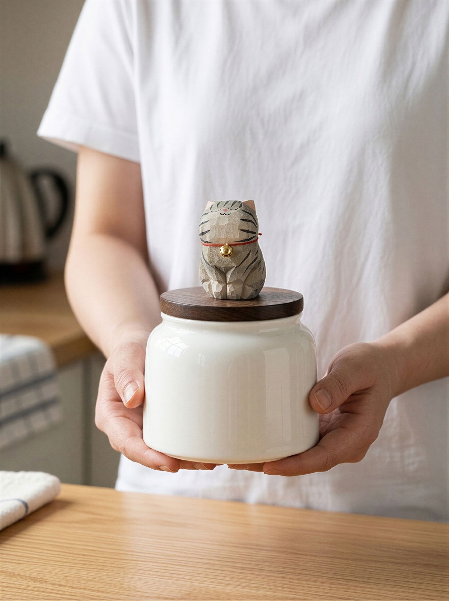 Cat Memorial Bell Ceramic Pet Urn with Figurine - 570ml - Chinese Tabby - pet ashes memorial urn