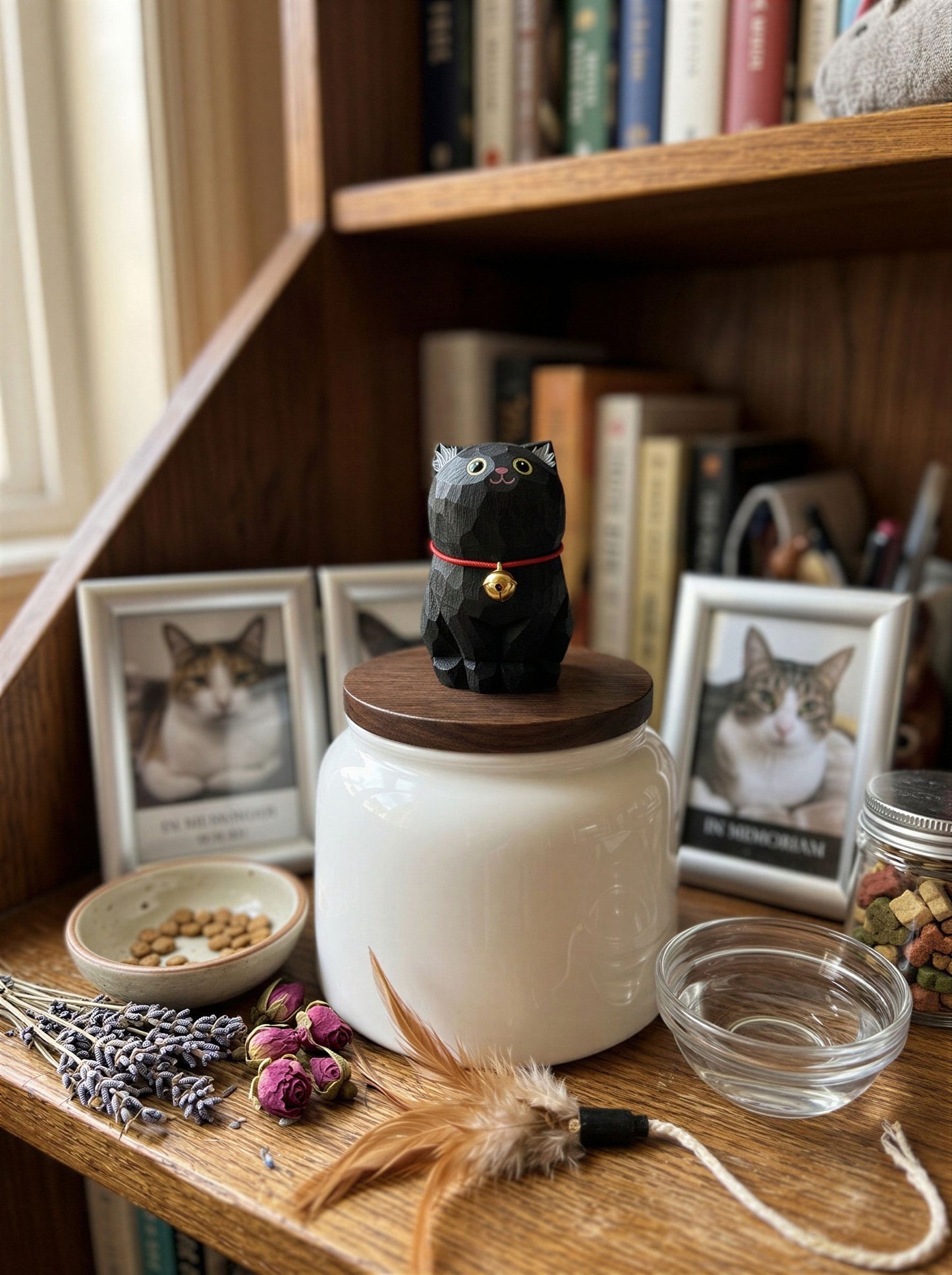 Cat Memorial Bell Ceramic Pet Urn with Figurine - 570ml - Bombay Black Cat - pet ashes memorial urn