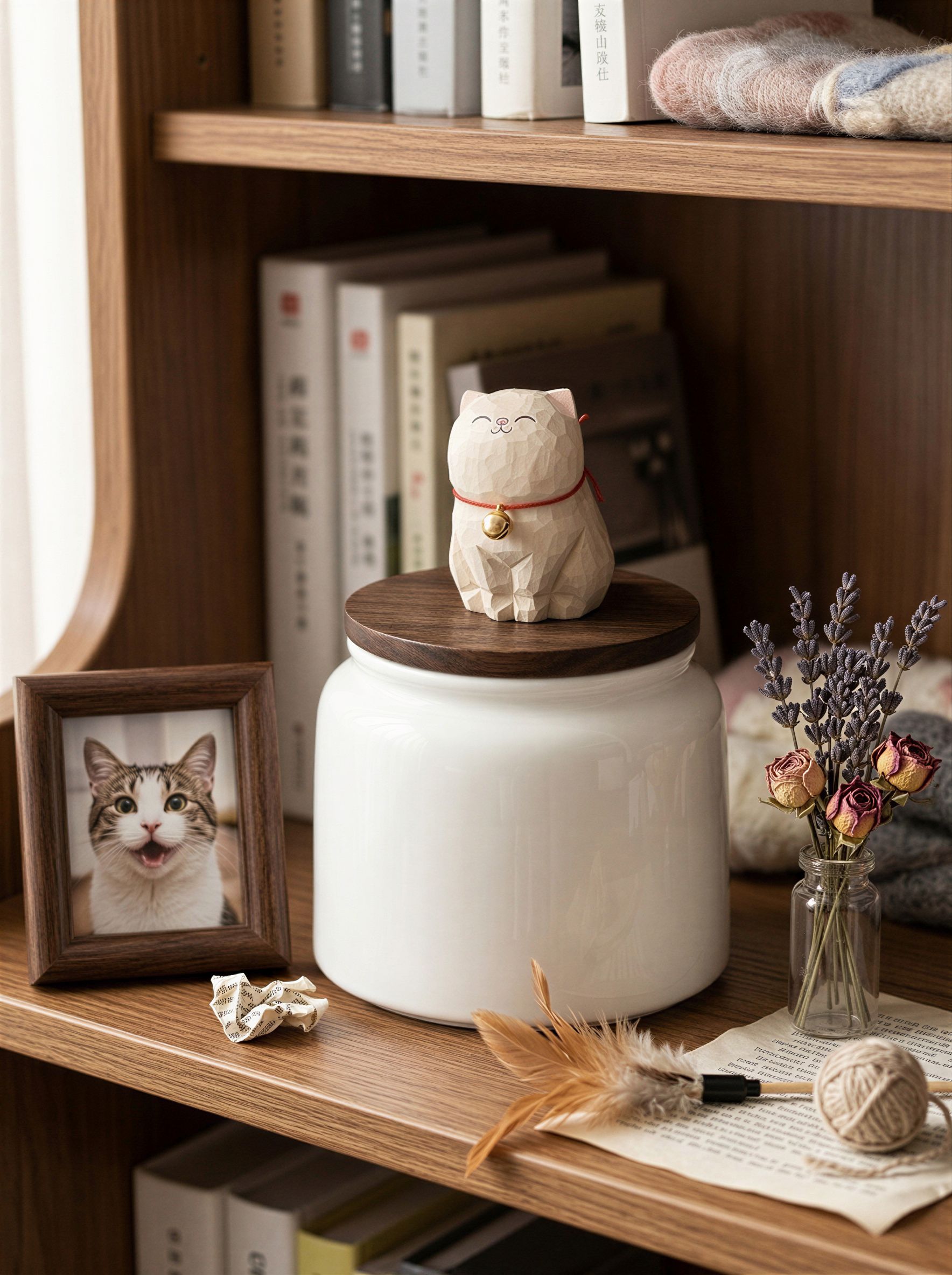 Cat Memorial Bell Ceramic Pet Urn with Figurine - 570ml - Silver Shaded - pet ashes memorial urn