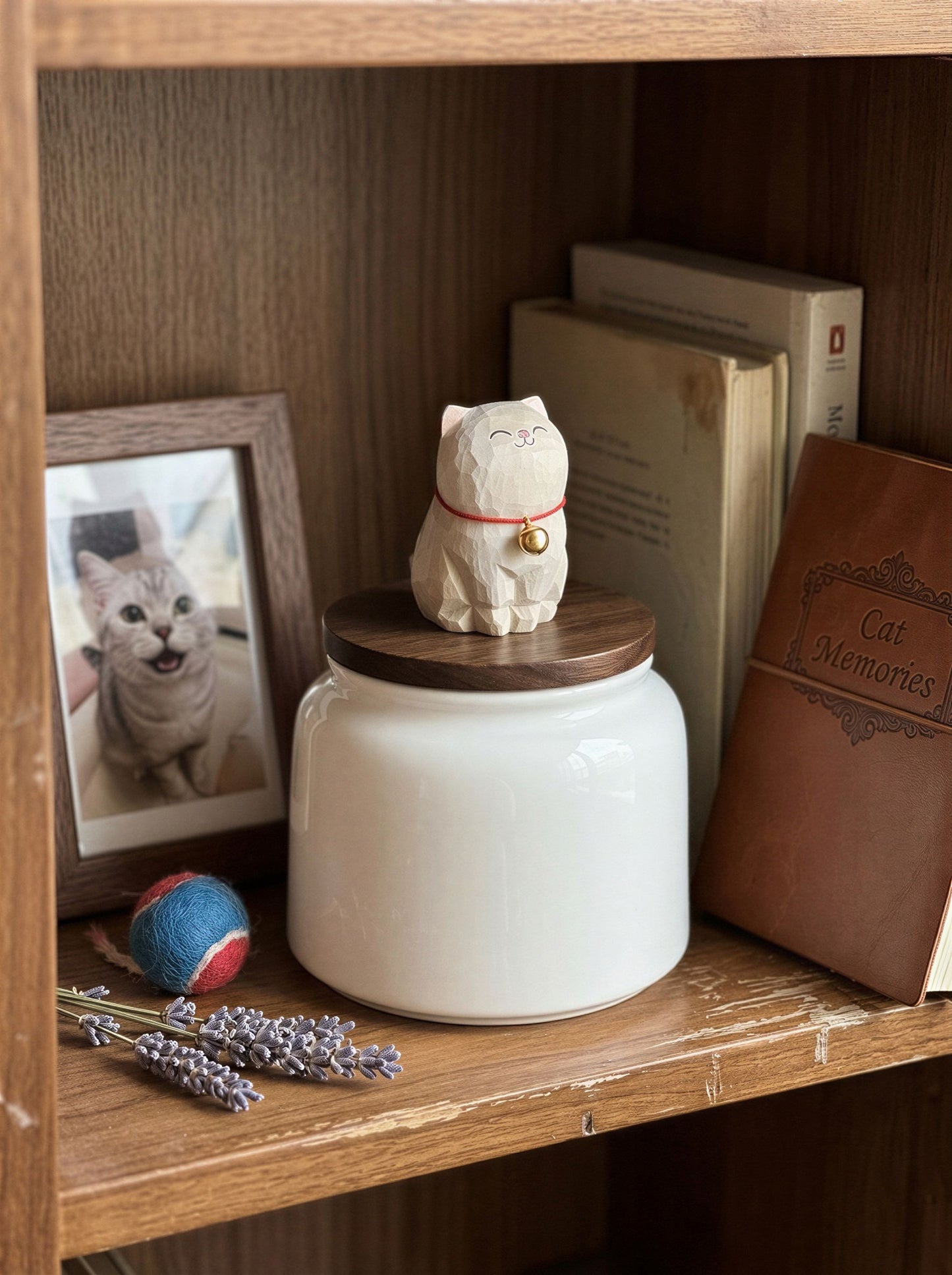 Cat Memorial Bell Ceramic Pet Urn with Figurine - 570ml - Silver Shaded - pet ashes memorial urn