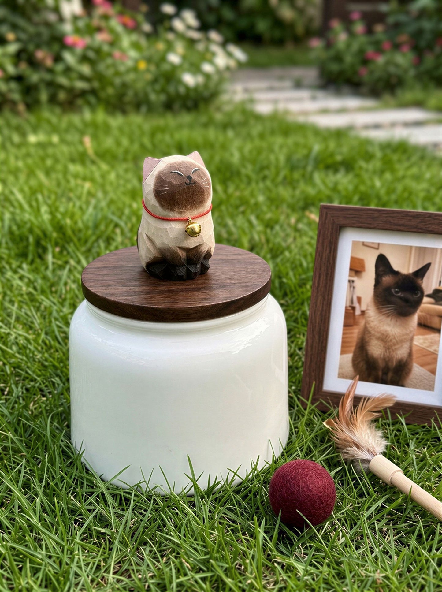 Cat Memorial Bell Ceramic Pet Urn with Figurine - 570ml - Siamese - pet ashes memorial urn
