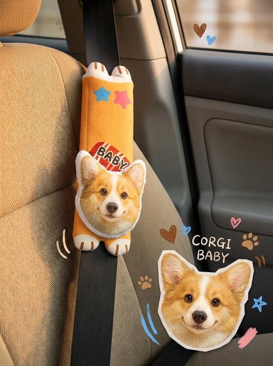 Custom pet seat belt shoulder pad with a corgi photo and name in a car