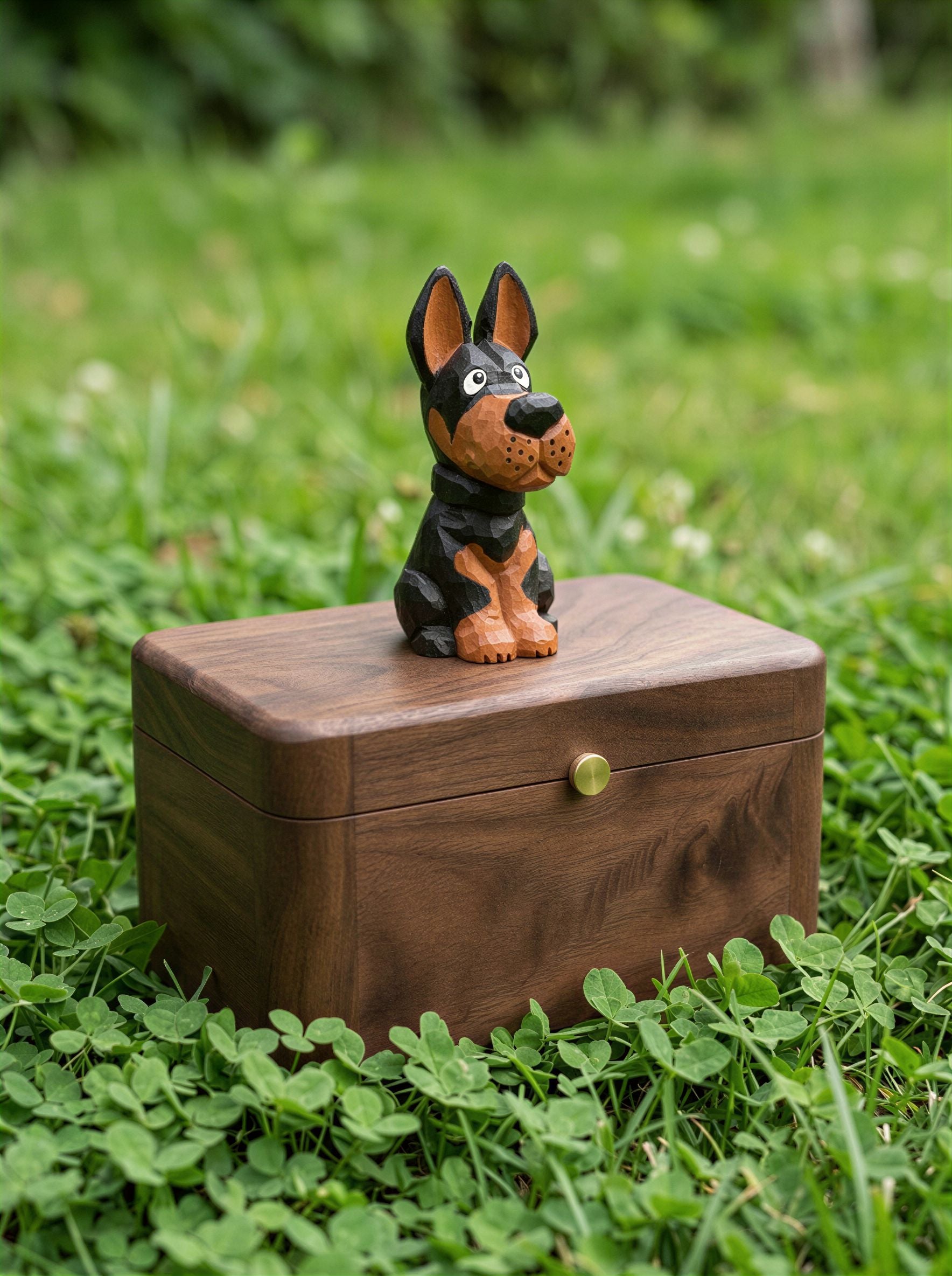 Doberman Wooden Pet Urn with Memorial Figurine - pet ashes memorial urn