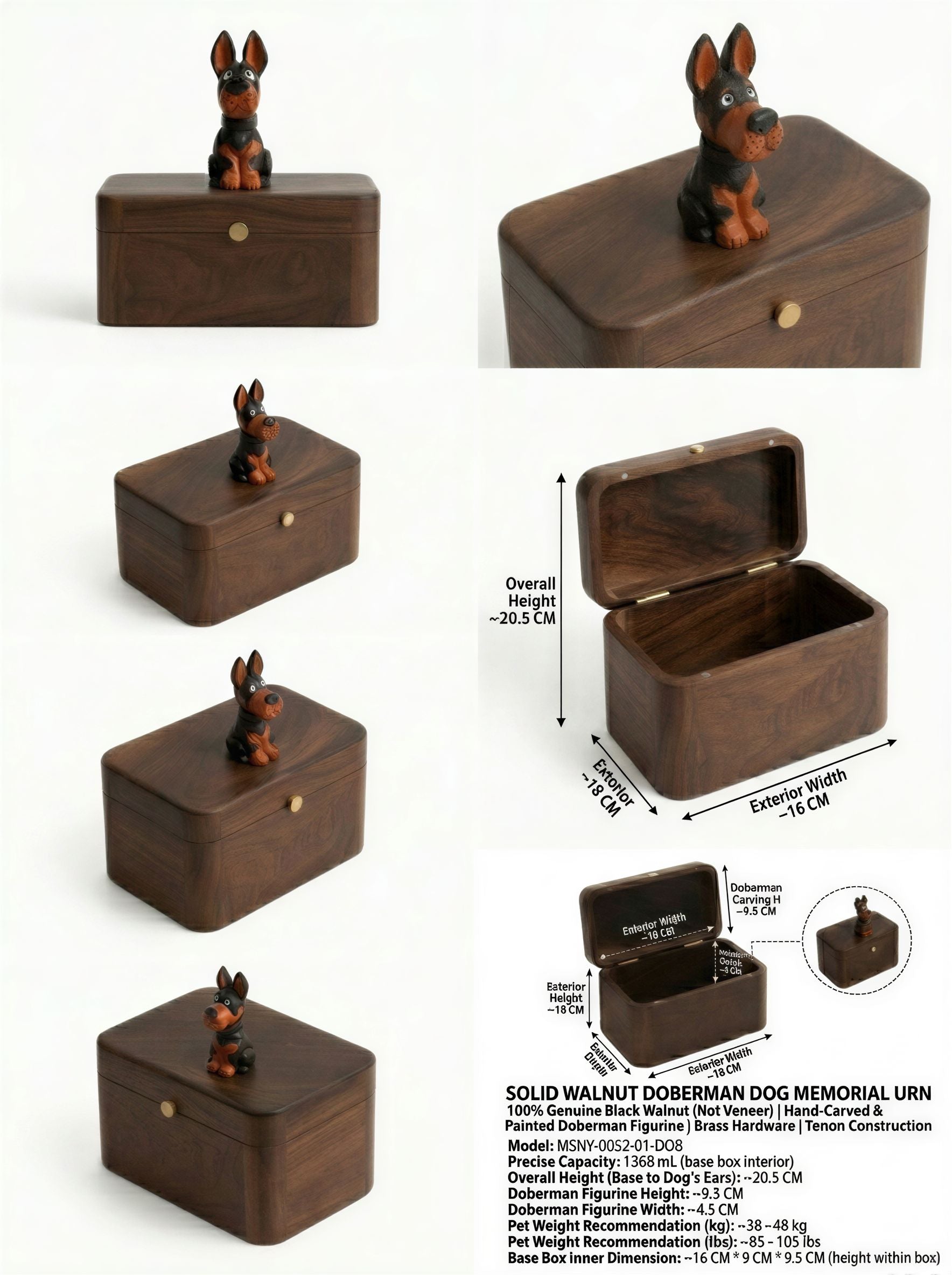 Doberman Wooden Pet Urn with Memorial Figurine - pet ashes memorial urn