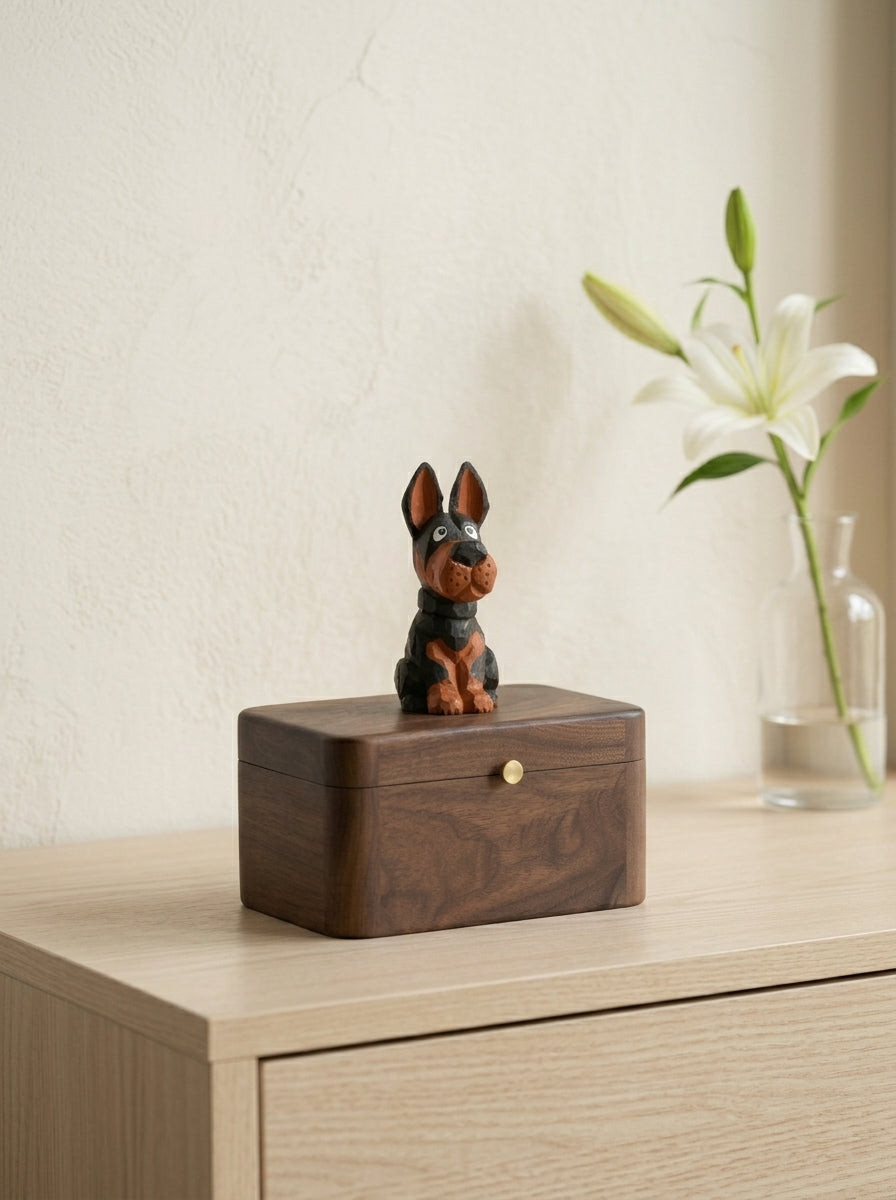 Doberman Wooden Pet Urn with Memorial Figurine - pet ashes memorial urn