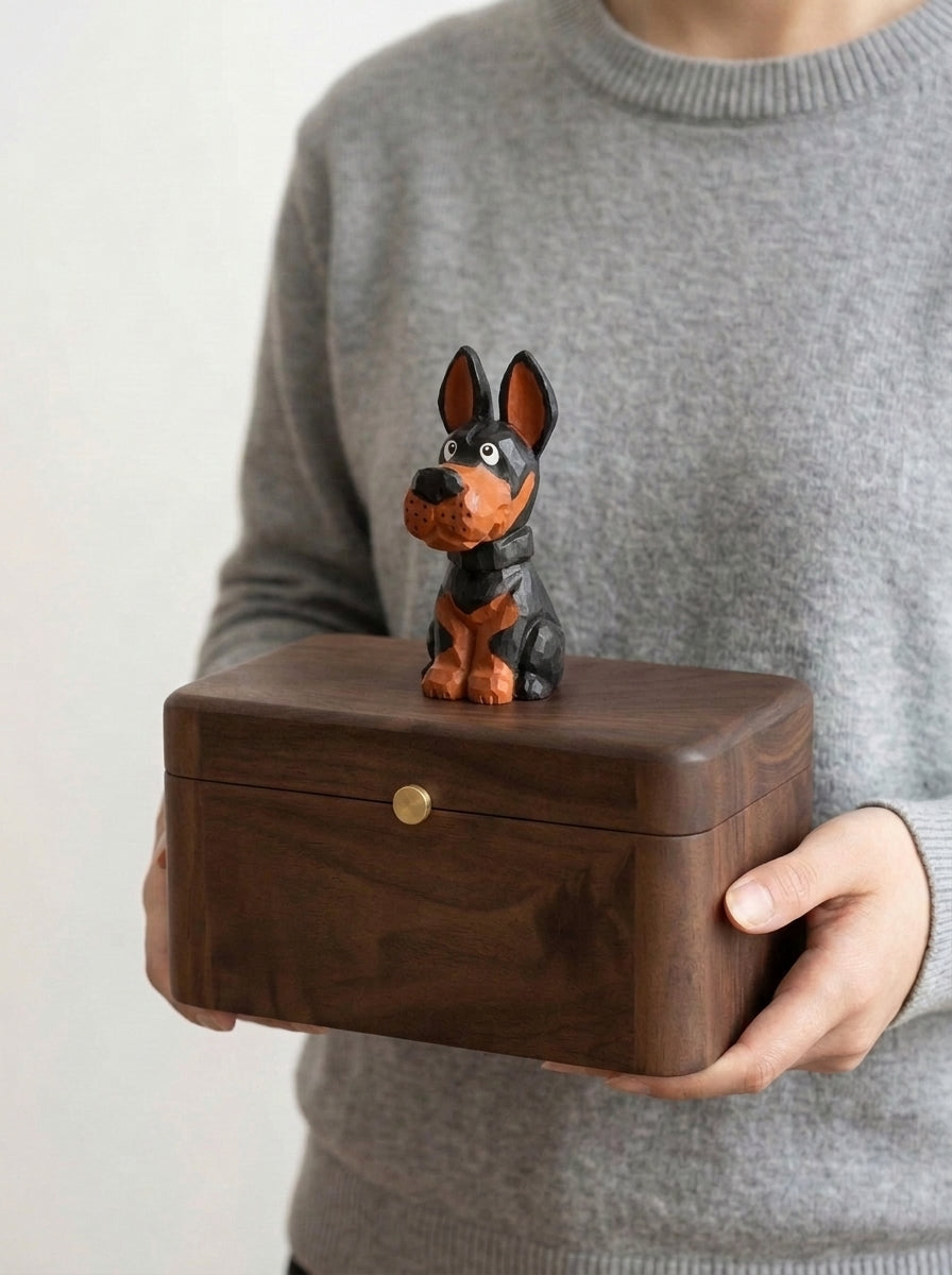 Doberman Wooden Pet Urn with Memorial Figurine - pet ashes memorial urn