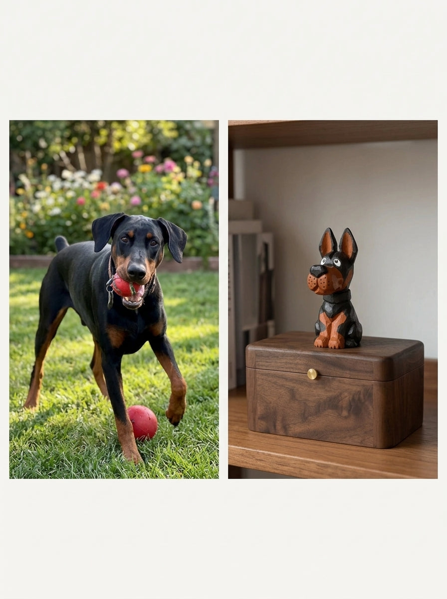 Doberman Wooden Pet Urn with Memorial Figurine - pet ashes memorial urn