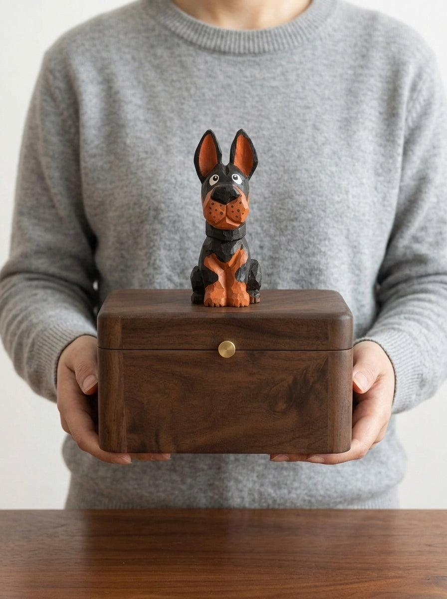 Doberman Wooden Pet Urn with Memorial Figurine - pet ashes memorial urn