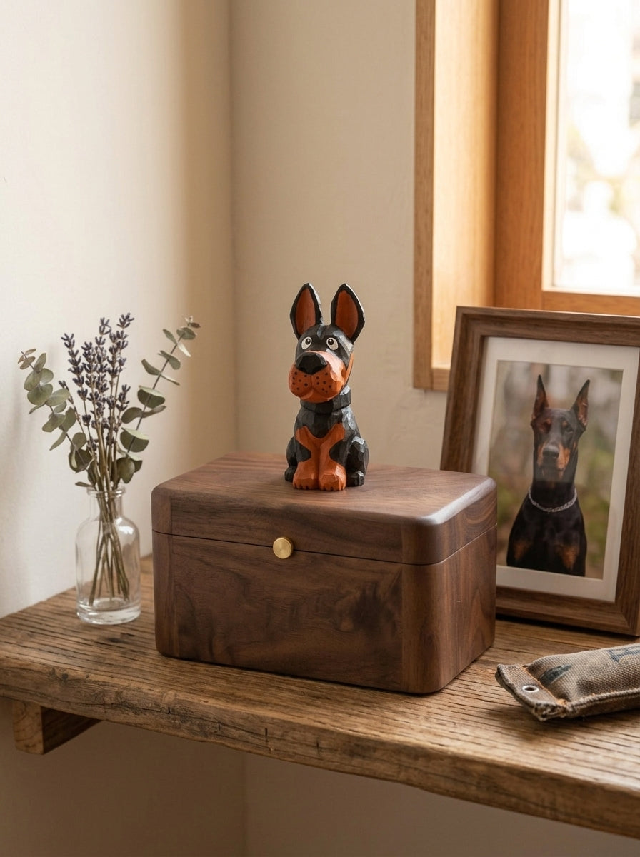 Doberman Wooden Pet Urn with Memorial Figurine - pet ashes memorial urn