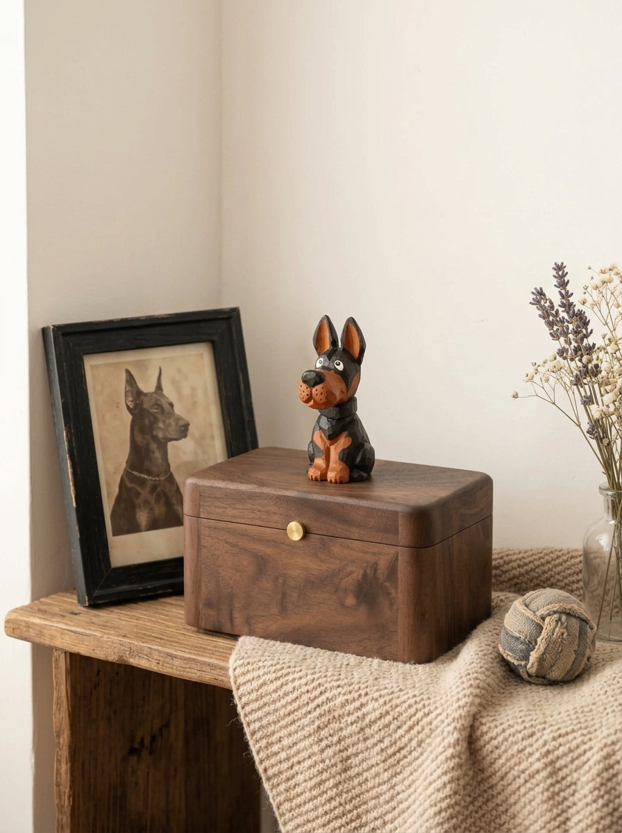 Doberman Wooden Pet Urn with Memorial Figurine - pet ashes memorial urn
