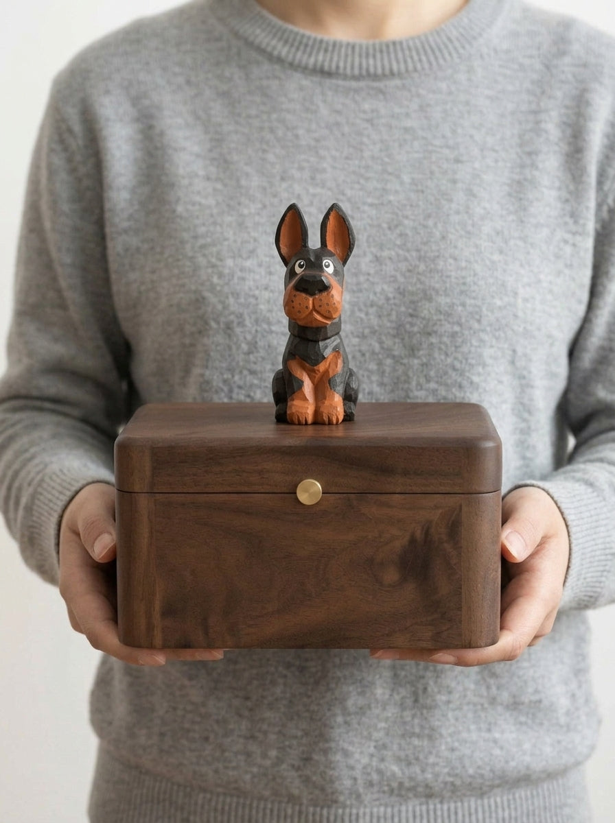Doberman Wooden Pet Urn with Memorial Figurine - pet ashes memorial urn